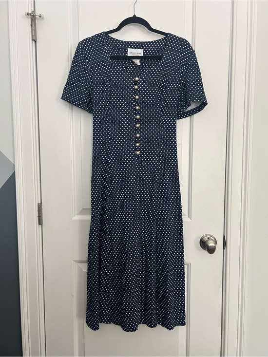 Vintage Dresses & Skirts - Vintage Polka Dot Navy White Tie Back Midi Dress with Gold White Buttons